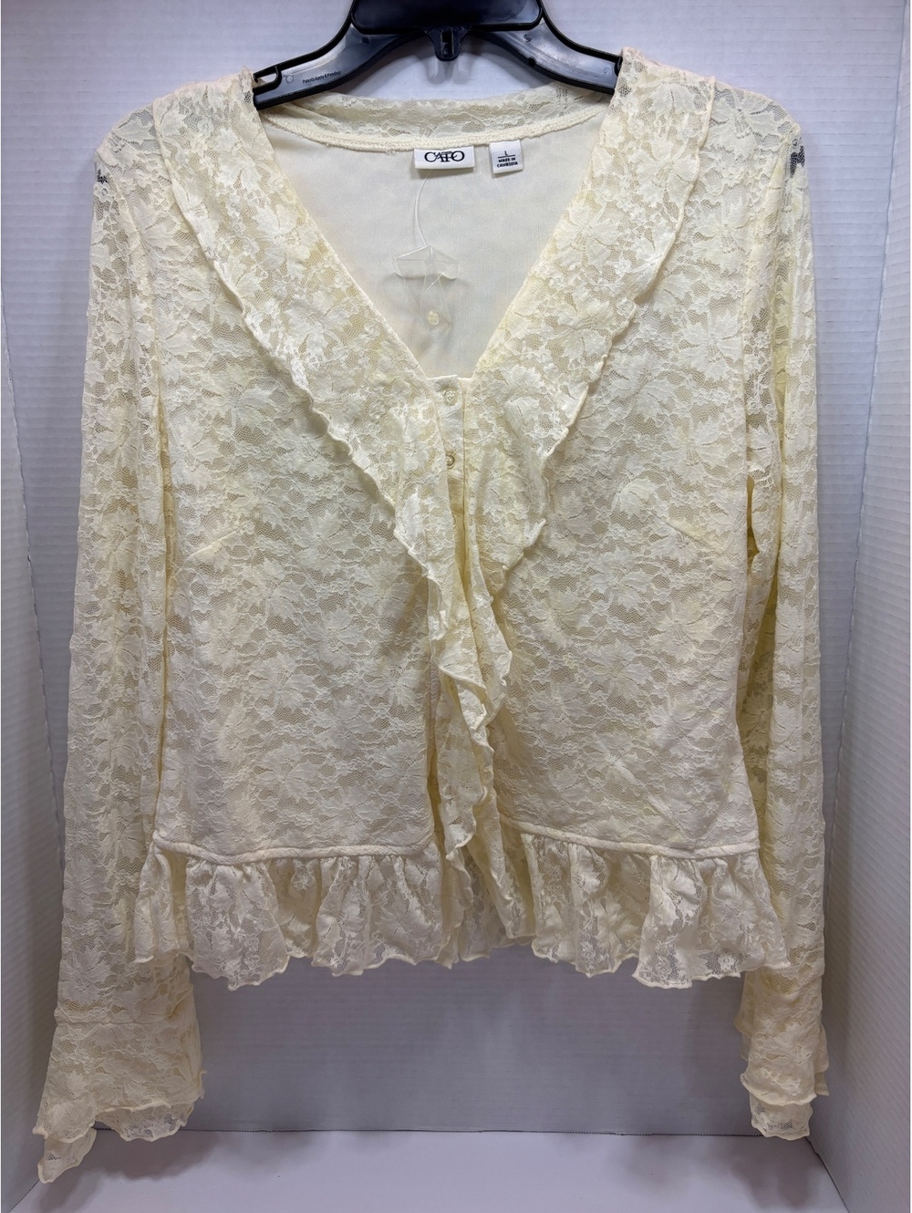 Cato cream lace ruffle front long sleeve top